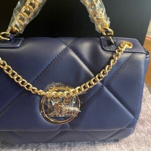 Badgley Mischka Navy Quilted Shoulder Bag with Gold Chain